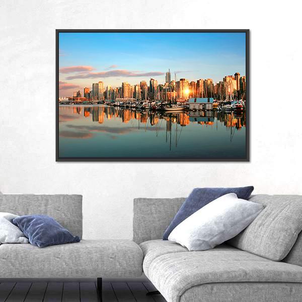 Vancouver Skyline Panorama At Sunset Canvas Wall Art-5 Horizontal-Gallery Wrap-22" x 12"-Tiaracle