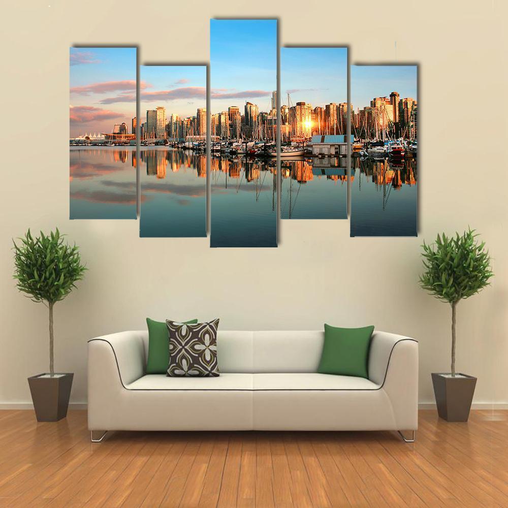 Vancouver Skyline Panorama At Sunset Canvas Wall Art-5 Pop-Gallery Wrap-47" x 32"-Tiaracle