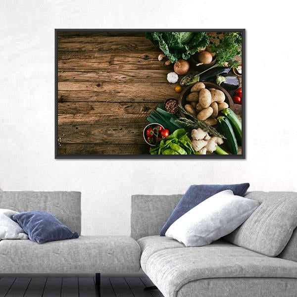 Vegetables On Wood Ready For Cooking Canvas Wall Art-5 Horizontal-Gallery Wrap-22" x 12"-Tiaracle