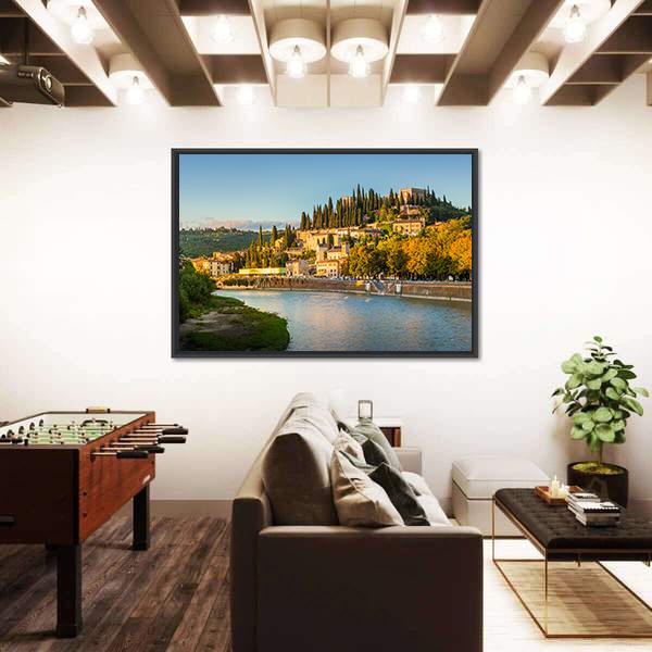 Verona Cityscape With Adige River And Church Canvas Wall Art-3 Horizontal-Gallery Wrap-25" x 16"-Tiaracle