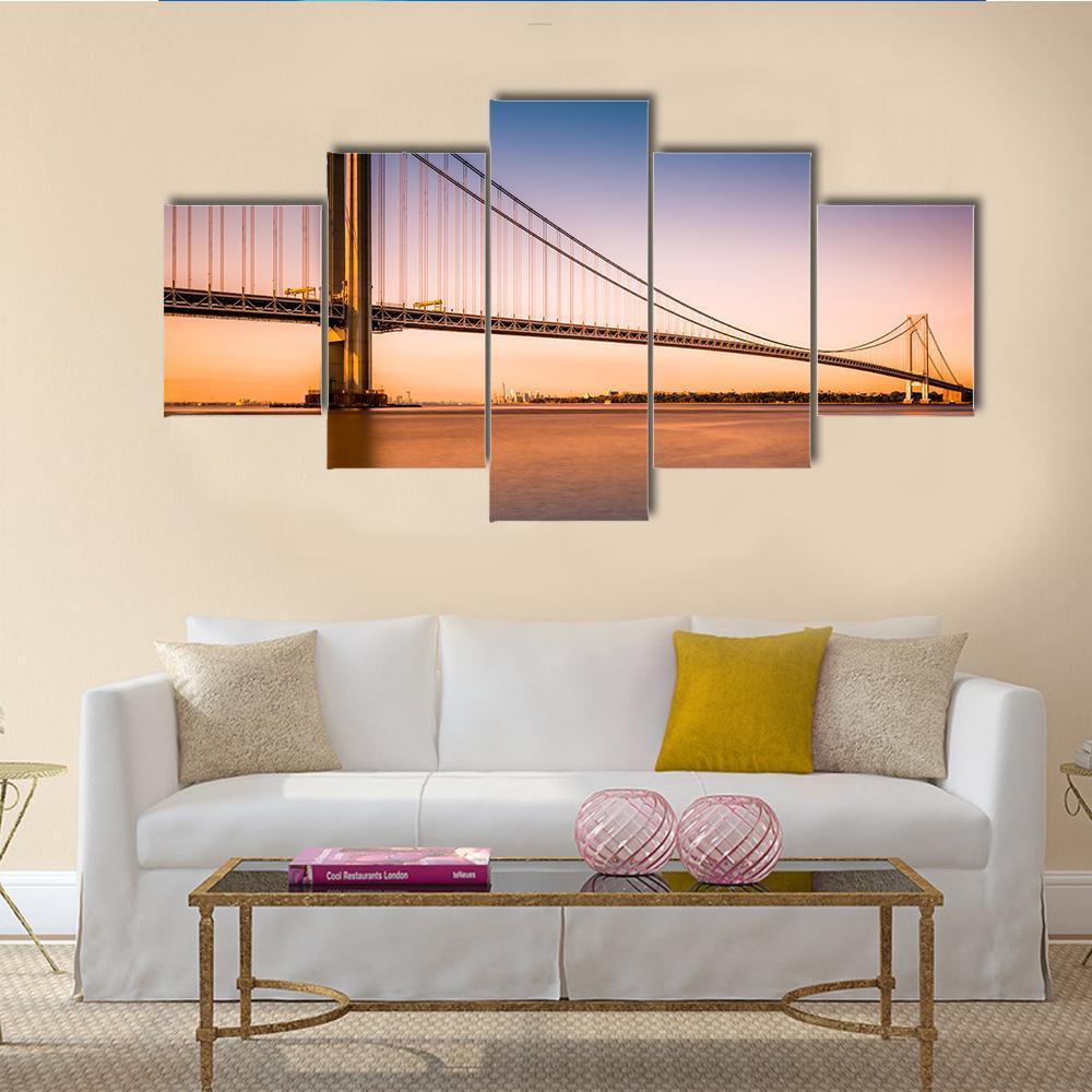 Verrazano Narrows Bridge At Sunset Canvas Wall Art-5 Star-Gallery Wrap-62" x 32"-Tiaracle
