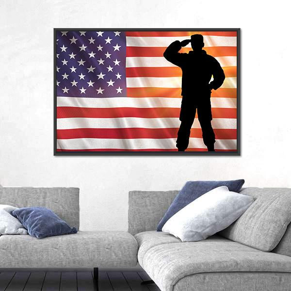 Veteran Silhouette With Flag Of The USA Panoramic Canvas Wall Art-1 Piece-36" x 12"-Tiaracle