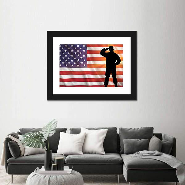 Veteran Silhouette With Flag Of The USA Panoramic Canvas Wall Art-1 Piece-36" x 12"-Tiaracle