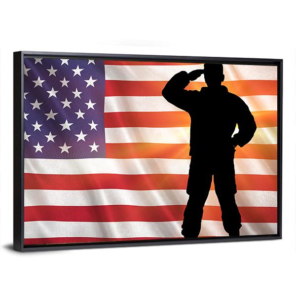Veteran Silhouette With Flag Of The USA Panoramic Canvas Wall Art-1 Piece-36" x 12"-Tiaracle