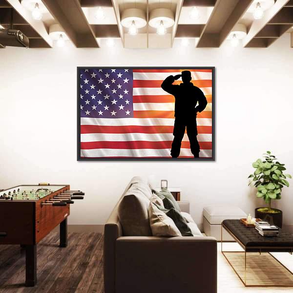 Veteran Silhouette With Flag Of The USA Panoramic Canvas Wall Art-1 Piece-36" x 12"-Tiaracle