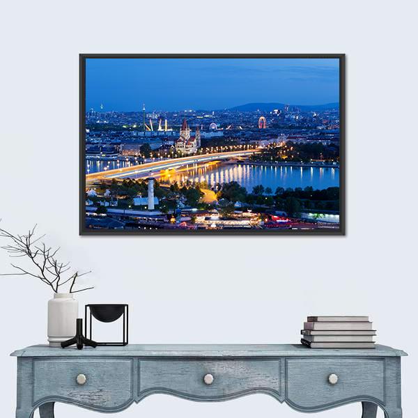Vienna View At Night Canvas Wall Art-1 Piece-Floating Frame-36" x 24"-Tiaracle