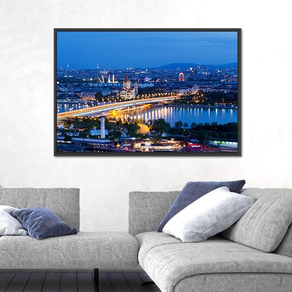 Vienna View At Night Canvas Wall Art-5 Horizontal-Gallery Wrap-22" x 12"-Tiaracle