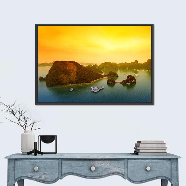 Vietnam Halong Bay At Sunset Canvas Wall Art-1 Piece-Floating Frame-36" x 24"-Tiaracle