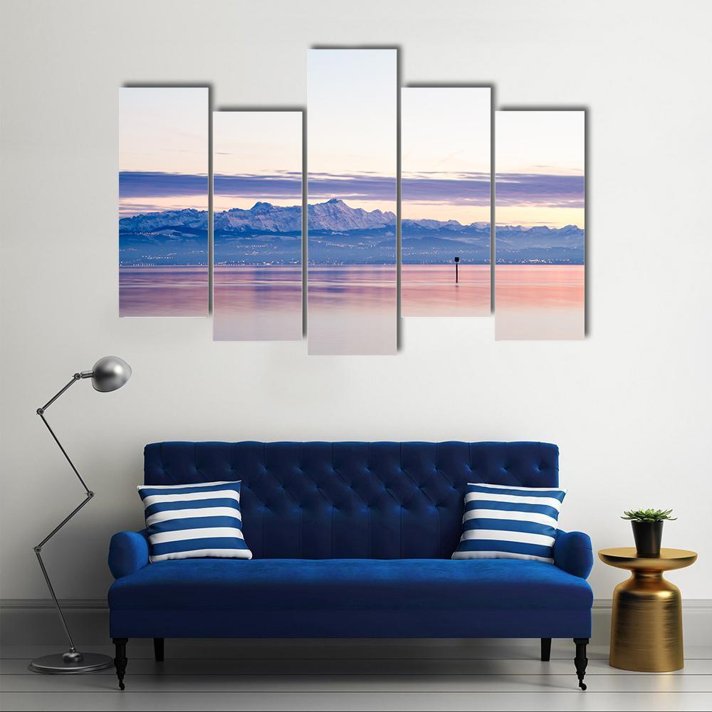 View From Lake Constance Into Swiss Alps Canvas Wall Art-5 Pop-Gallery Wrap-47" x 32"-Tiaracle