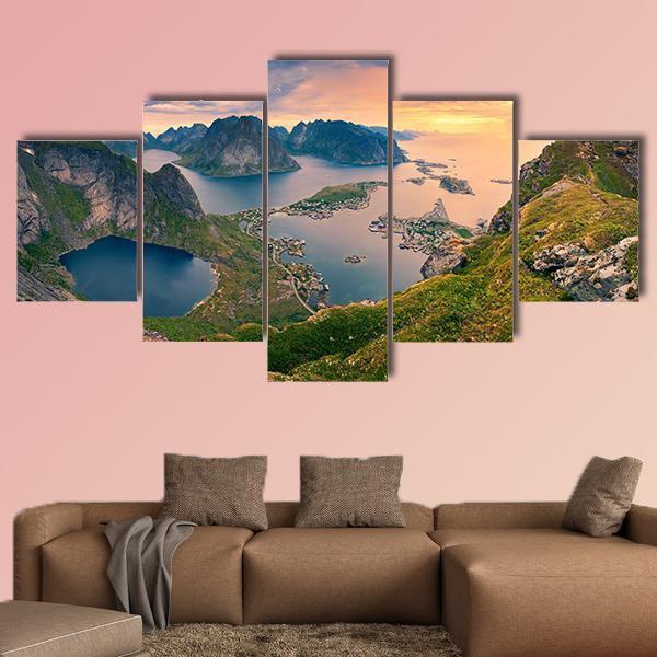 View From Reinebringen At Lofoten Islands Canvas Wall Art-5 Star-Gallery Wrap-62" x 32"-Tiaracle