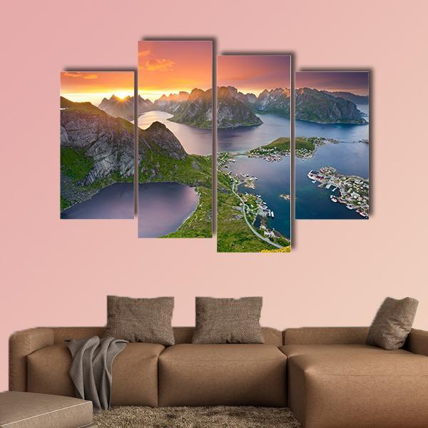 View From Reinebringen At Lofoten Islands Canvas Wall Art-4 Pop-Gallery Wrap-50" x 32"-Tiaracle