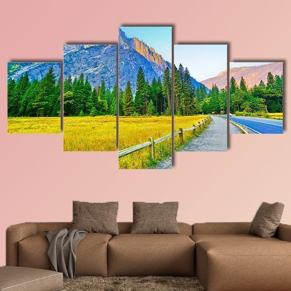 View From Yosemite Valley At Dawn In Autumn Canvas Wall Art-5 Star-Gallery Wrap-62" x 32"-Tiaracle
