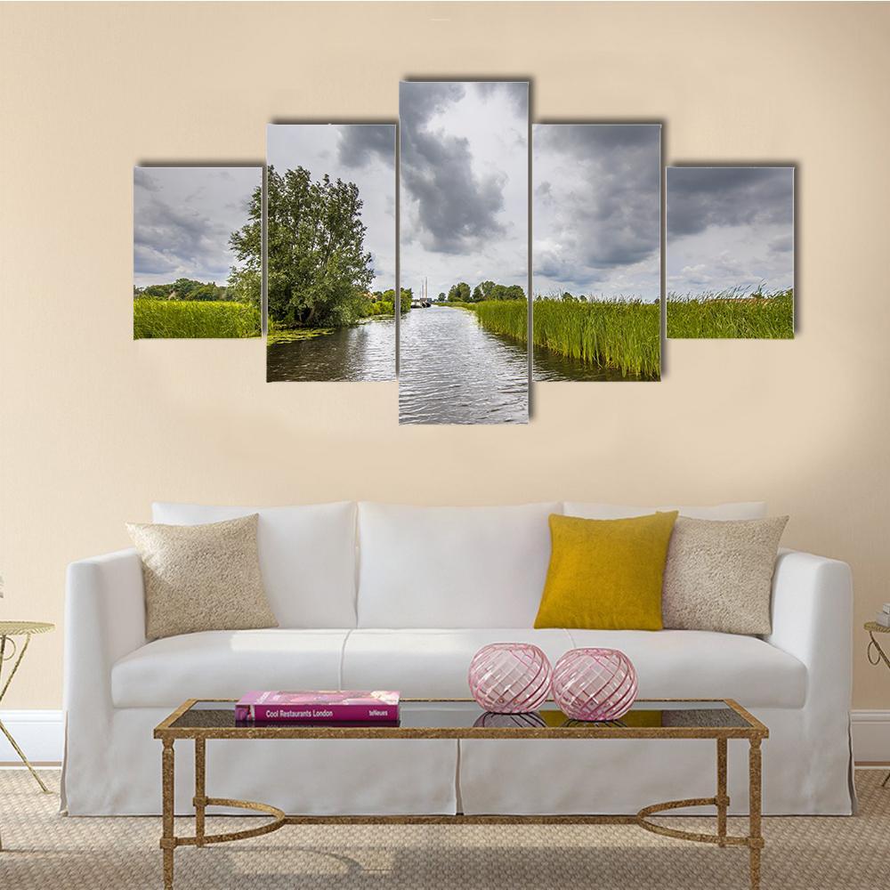 View In Canal Banks With Reeds And Typha Canvas Wall Art-5 Star-Gallery Wrap-62" x 32"-Tiaracle