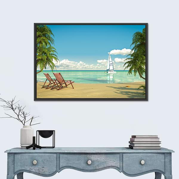 View Of A Caribbean Beach With Deck Chairs And Boat Canvas Wall Art-1 Piece-Floating Frame-24" x 16"-Tiaracle