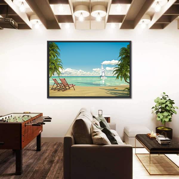 View Of A Caribbean Beach With Deck Chairs And Boat Canvas Wall Art-3 Horizontal-Gallery Wrap-25" x 16"-Tiaracle
