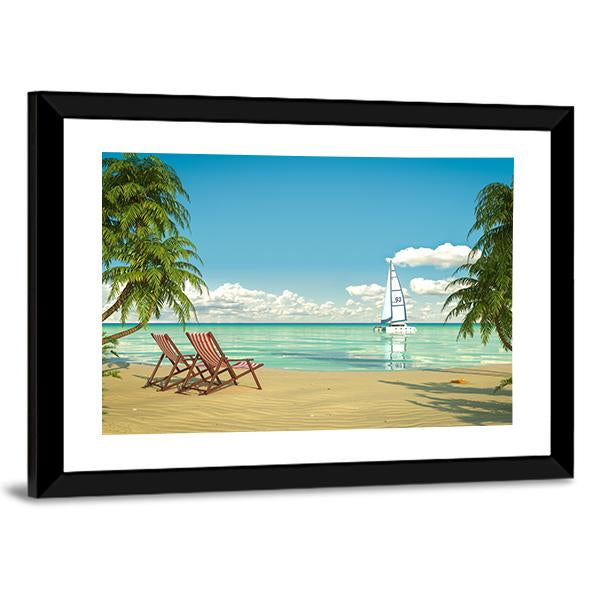 View Of A Caribbean Beach With Deck Chairs And Boat Canvas Wall Art-3 Horizontal-Gallery Wrap-25" x 16"-Tiaracle