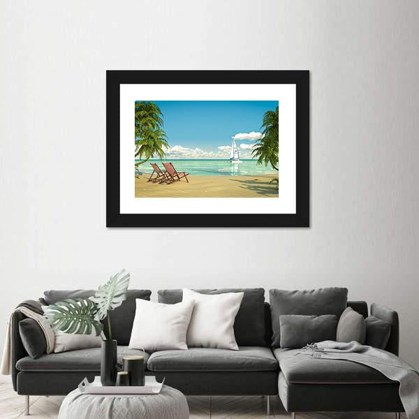 View Of A Caribbean Beach With Deck Chairs And Boat Canvas Wall Art-5 Horizontal-Gallery Wrap-22" x 12"-Tiaracle