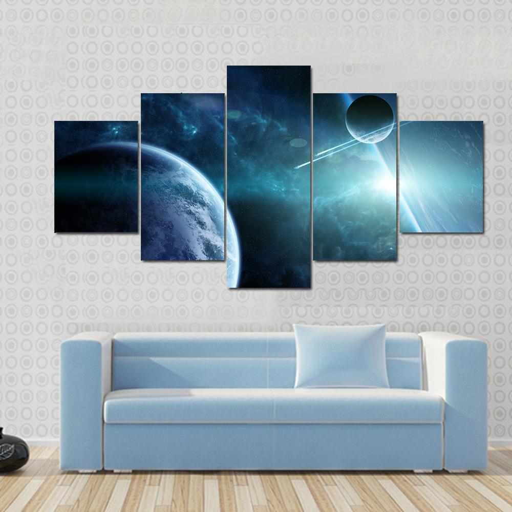 View Of A Distant Planet System From Space Canvas Wall Art-5 Star-Gallery Wrap-62" x 32"-Tiaracle