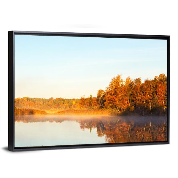 View Of A Lake With Mist At Dawn Canvas Wall Art-3 Horizontal-Gallery Wrap-25" x 16"-Tiaracle