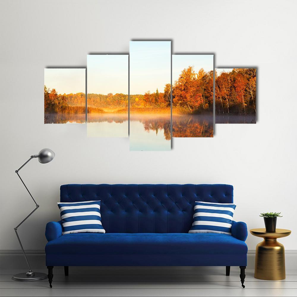 View Of A Lake With Mist At Dawn Canvas Wall Art-5 Star-Gallery Wrap-62" x 32"-Tiaracle