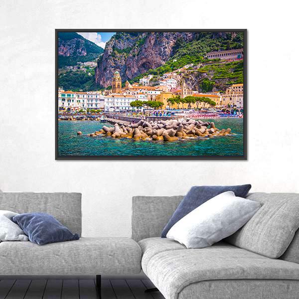 View Of Amalfi Mediterranean Coast Canvas Wall Art-3 Horizontal-Gallery Wrap-25" x 16"-Tiaracle