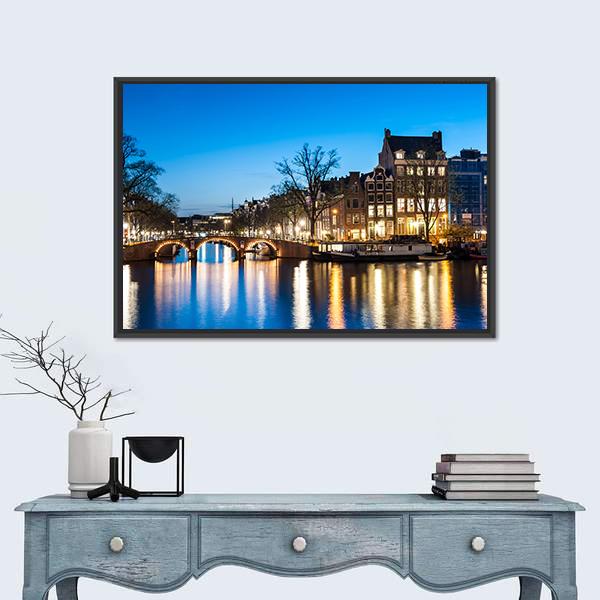 View Of Amsterdam By Night Canvas Wall Art-1 Piece-Floating Frame-24" x 16"-Tiaracle