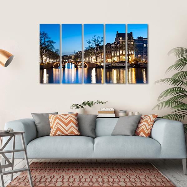 View Of Amsterdam By Night Canvas Wall Art-5 Horizontal-Gallery Wrap-22" x 12"-Tiaracle