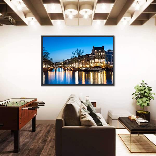 View Of Amsterdam By Night Canvas Wall Art-5 Horizontal-Gallery Wrap-22" x 12"-Tiaracle