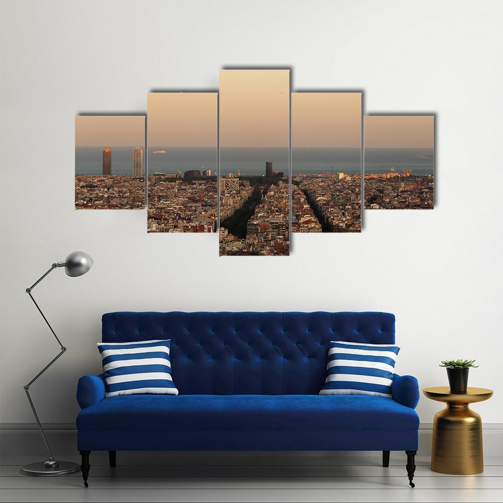 View Of Barcelona Canvas Wall Art-5 Star-Gallery Wrap-62" x 32"-Tiaracle