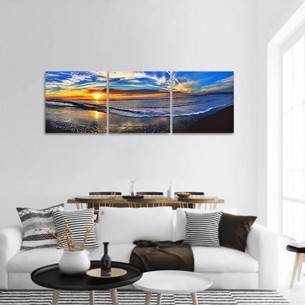 View Of Beach At Dawn Panoramic Canvas Wall Art-3 Piece-25" x 08"-Tiaracle