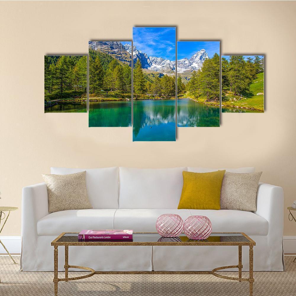 View Of Blue Lake And Cervino Mount Matterhorn Canvas Wall Art-5 Star-Gallery Wrap-62" x 32"-Tiaracle