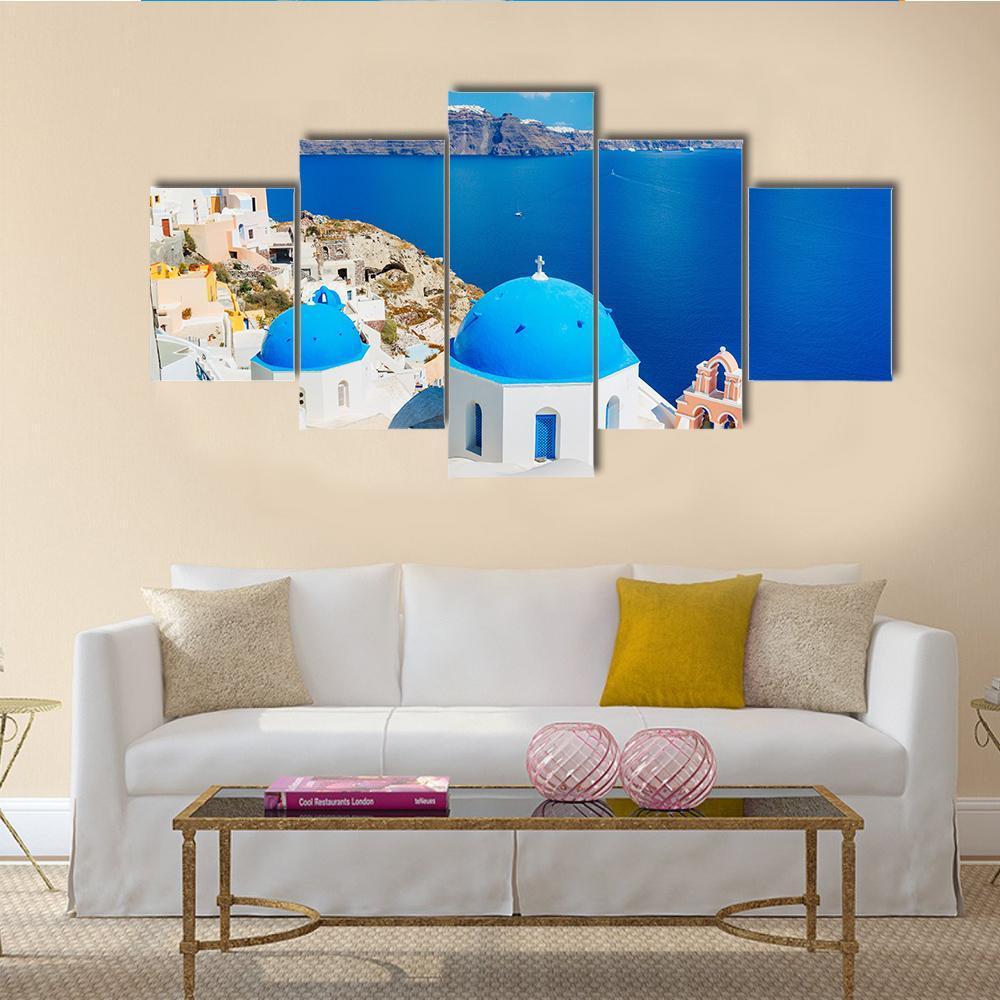 View Of Blue Ocean And Dome Church Canvas Wall Art-5 Star-Gallery Wrap-62" x 32"-Tiaracle