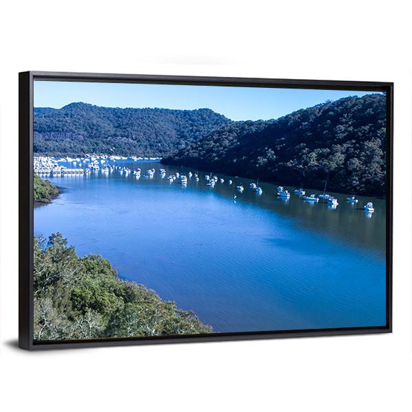 View Of Boats Moored On Hawkesbury River Canvas Wall Art-3 Horizontal-Gallery Wrap-25" x 16"-Tiaracle