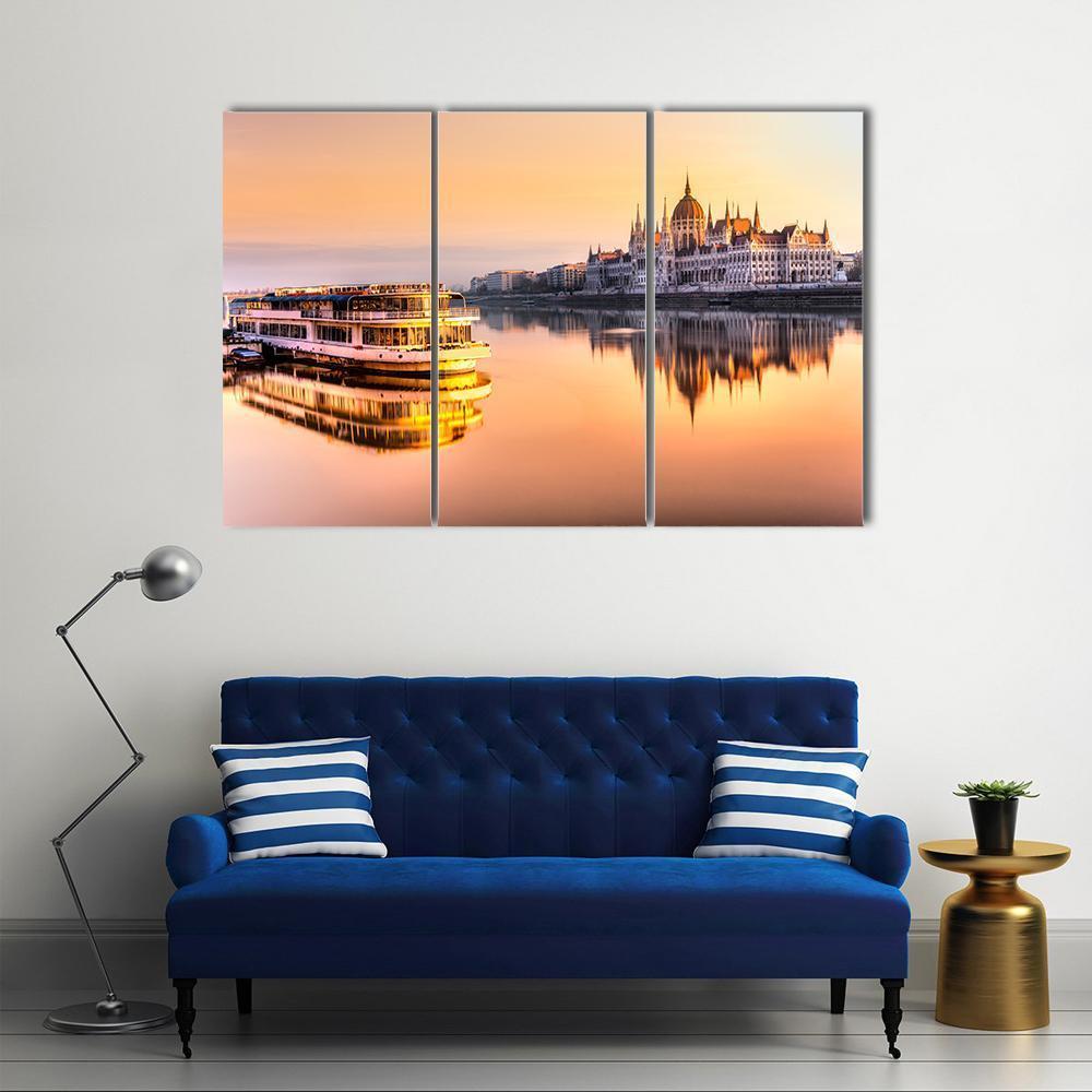 View Of Budapest Parliament At Sunrise Canvas Wall Art-3 Horizontal-Gallery Wrap-37" x 24"-Tiaracle