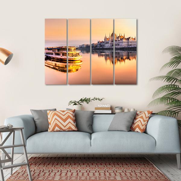 View Of Budapest Parliament At Sunrise Canvas Wall Art-4 Horizontal-Gallery Wrap-34" x 24"-Tiaracle