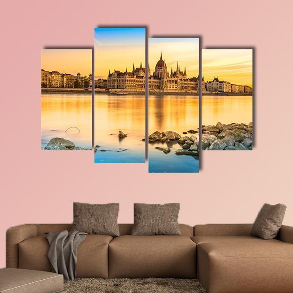 View Of Budapest Parliament At Sunset Canvas Wall Art-4 Pop-Gallery Wrap-50" x 32"-Tiaracle