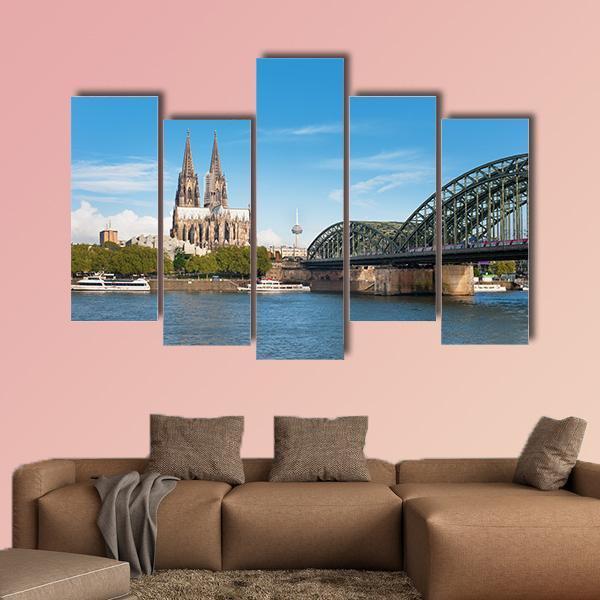 View Of Cologne Over The Rhein River Canvas Wall Art-5 Pop-Gallery Wrap-47" x 32"-Tiaracle