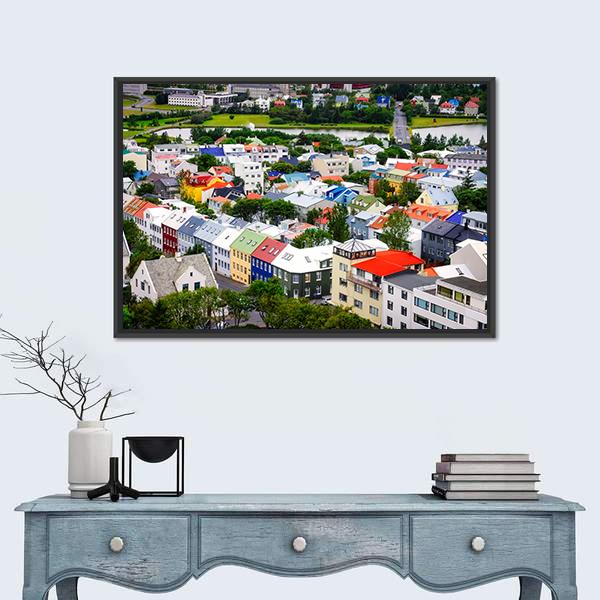 View Of Colorful Houses InIceland Canvas Wall Art-1 Piece-Floating Frame-24" x 16"-Tiaracle