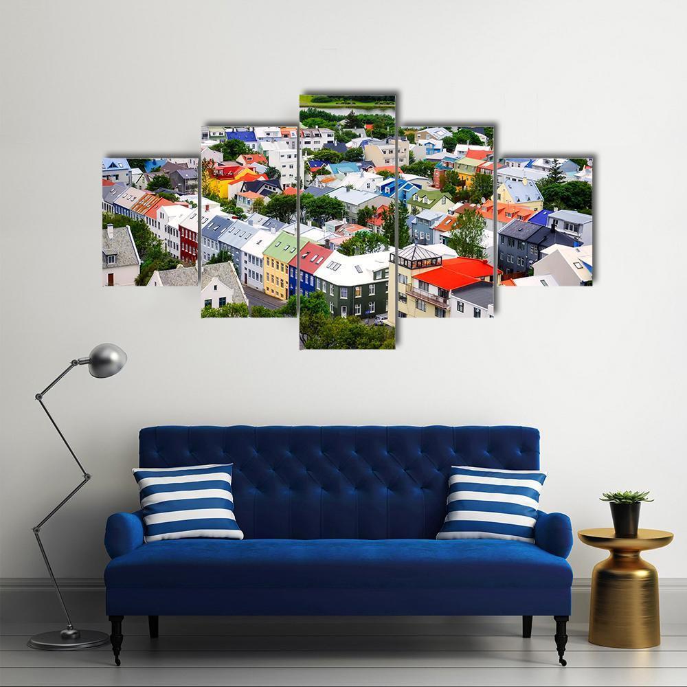 View Of Colorful Houses InIceland Canvas Wall Art-5 Star-Gallery Wrap-62" x 32"-Tiaracle