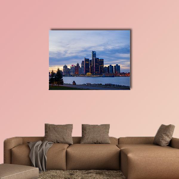View Of Detroit Skyline In Ontario Canvas Wall Art-1 Piece-Gallery Wrap-36" x 24"-Tiaracle