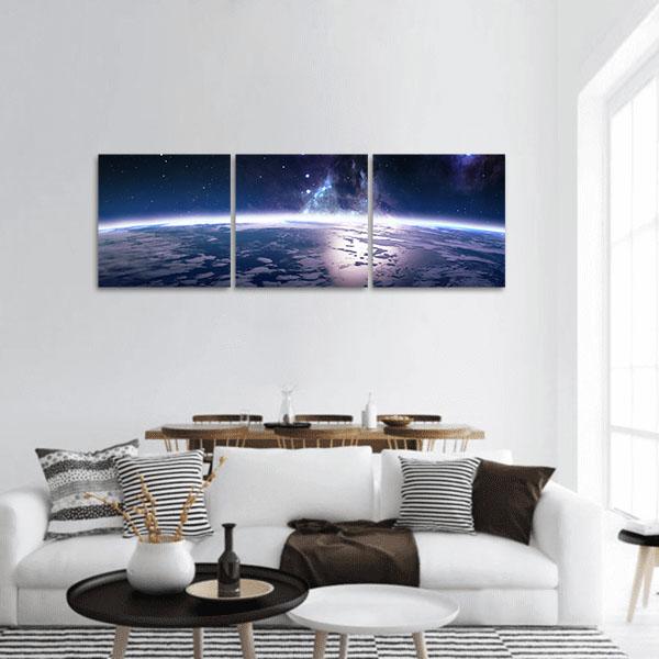 View Of Earth From Space Panoramic Canvas Wall Art-3 Piece-25" x 08"-Tiaracle