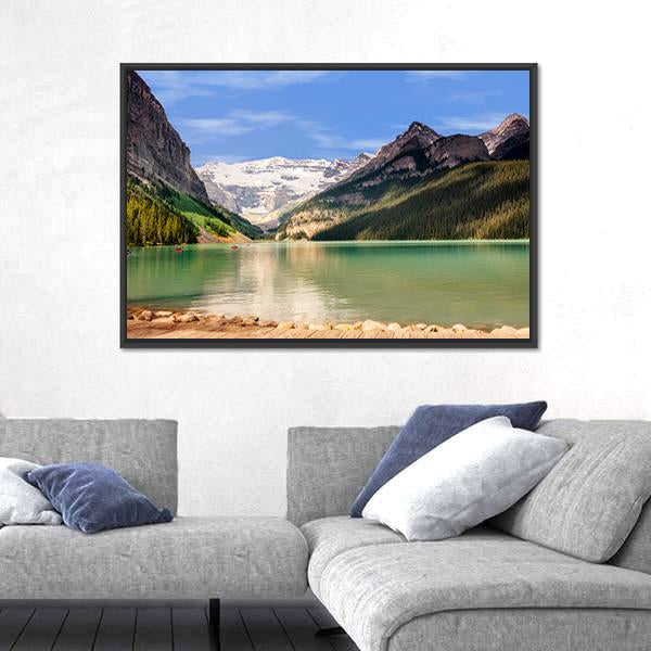 View Of Emerald Green Lake And Snow Capped Mountains Canvas Wall Art-5 Horizontal-Gallery Wrap-22" x 12"-Tiaracle