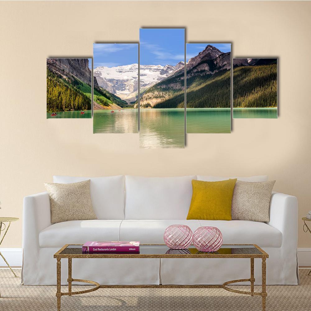 View Of Emerald Green Lake And Snow Capped Mountains Canvas Wall Art-5 Star-Gallery Wrap-62" x 32"-Tiaracle
