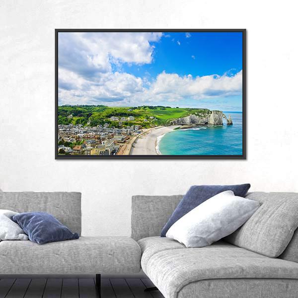View Of Etretat Village Canvas Wall Art-3 Horizontal-Gallery Wrap-25" x 16"-Tiaracle