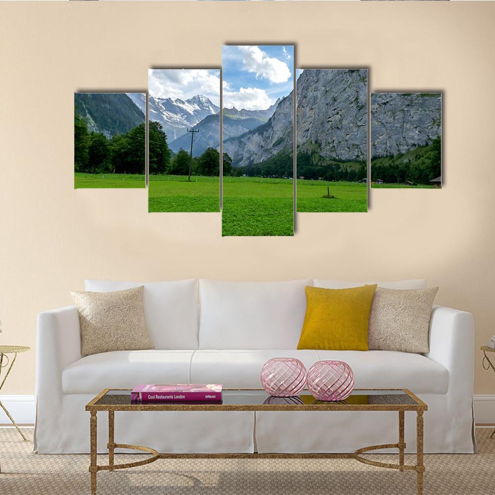 View Of Field And Mountains Against Sky Canvas Wall Art-5 Star-Gallery Wrap-62" x 32"-Tiaracle