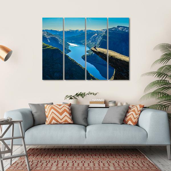 View Of Fjord In Oslo Person On Mountain Cliff Canvas Wall Art-4 Horizontal-Gallery Wrap-34" x 24"-Tiaracle