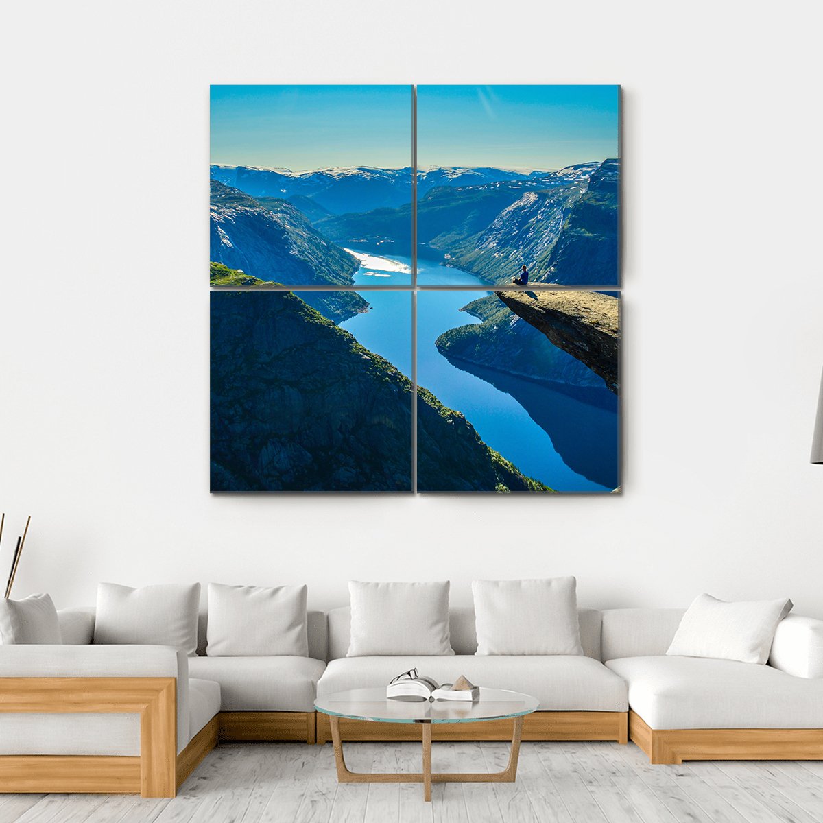 View Of Fjord In Oslo Person On Mountain Cliff Canvas Wall Art-4 Square-Gallery Wrap-17" x 17"-Tiaracle