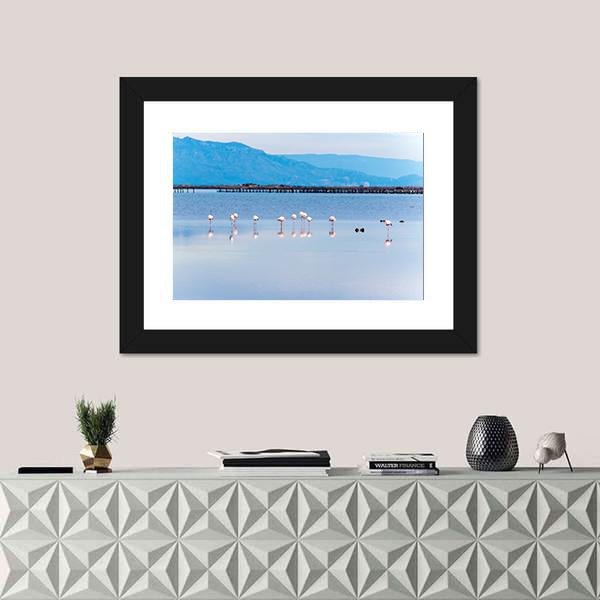 View Of Flamingo Group In Water Canvas Wall Art-1 Piece-Framed Print-20" x 16"-Tiaracle