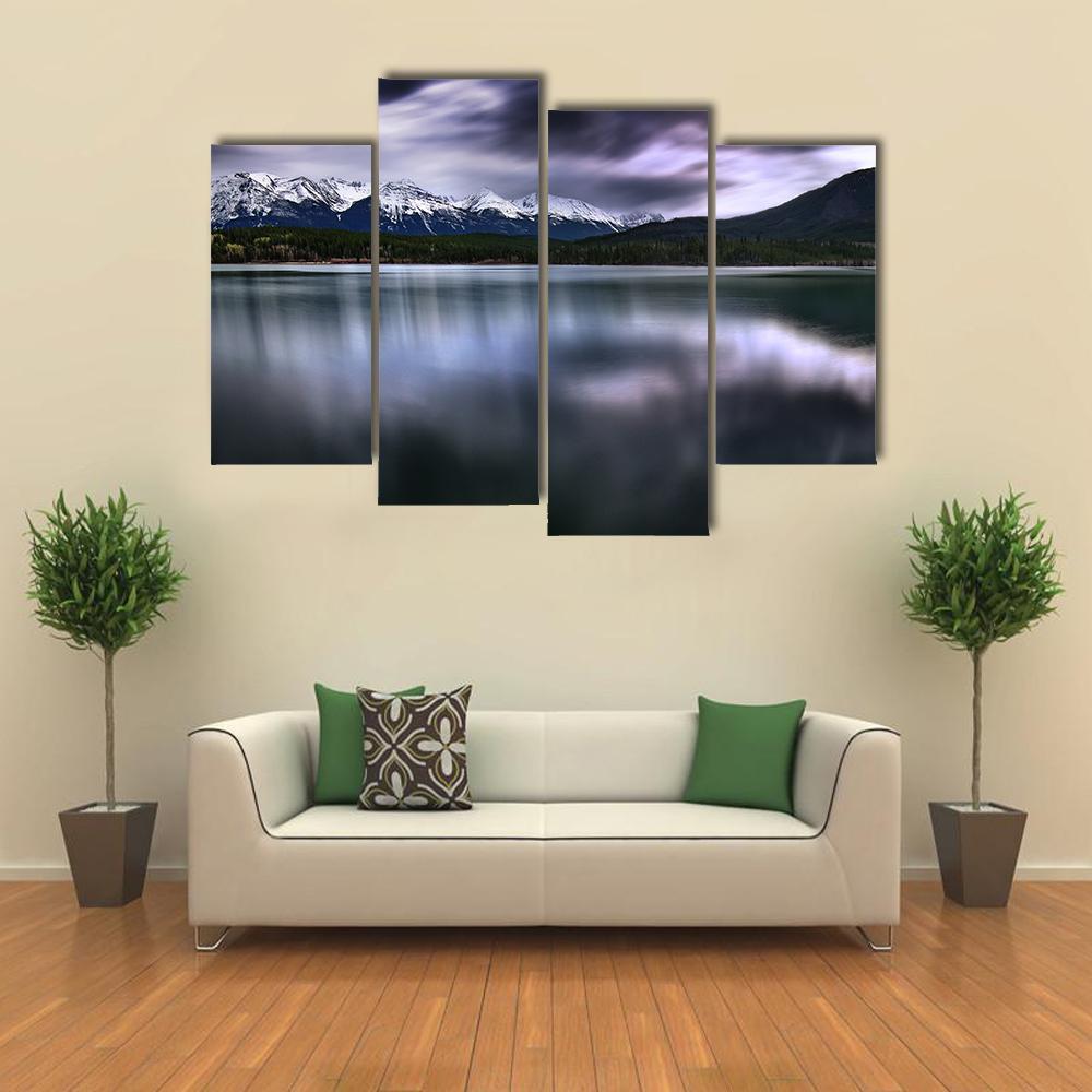 View Of Forest And Mountain With Lake Canvas Wall Art-4 Pop-Gallery Wrap-50" x 32"-Tiaracle