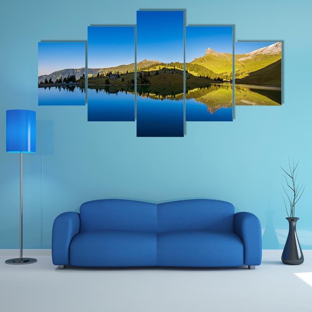 View Of Forest And mountains With Lake Canvas Wall Art-5 Star-Gallery Wrap-62" x 32"-Tiaracle